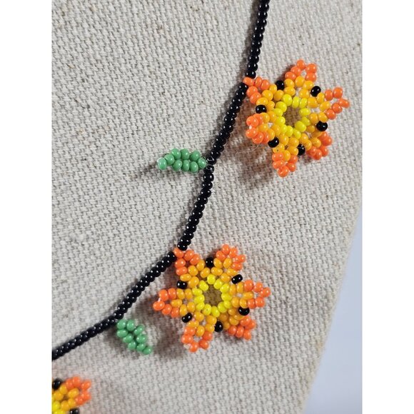 Handmade Seed Bead Sunflower Necklace & Earrings Set | Orange Yellow Floral - Picture 6 of 6